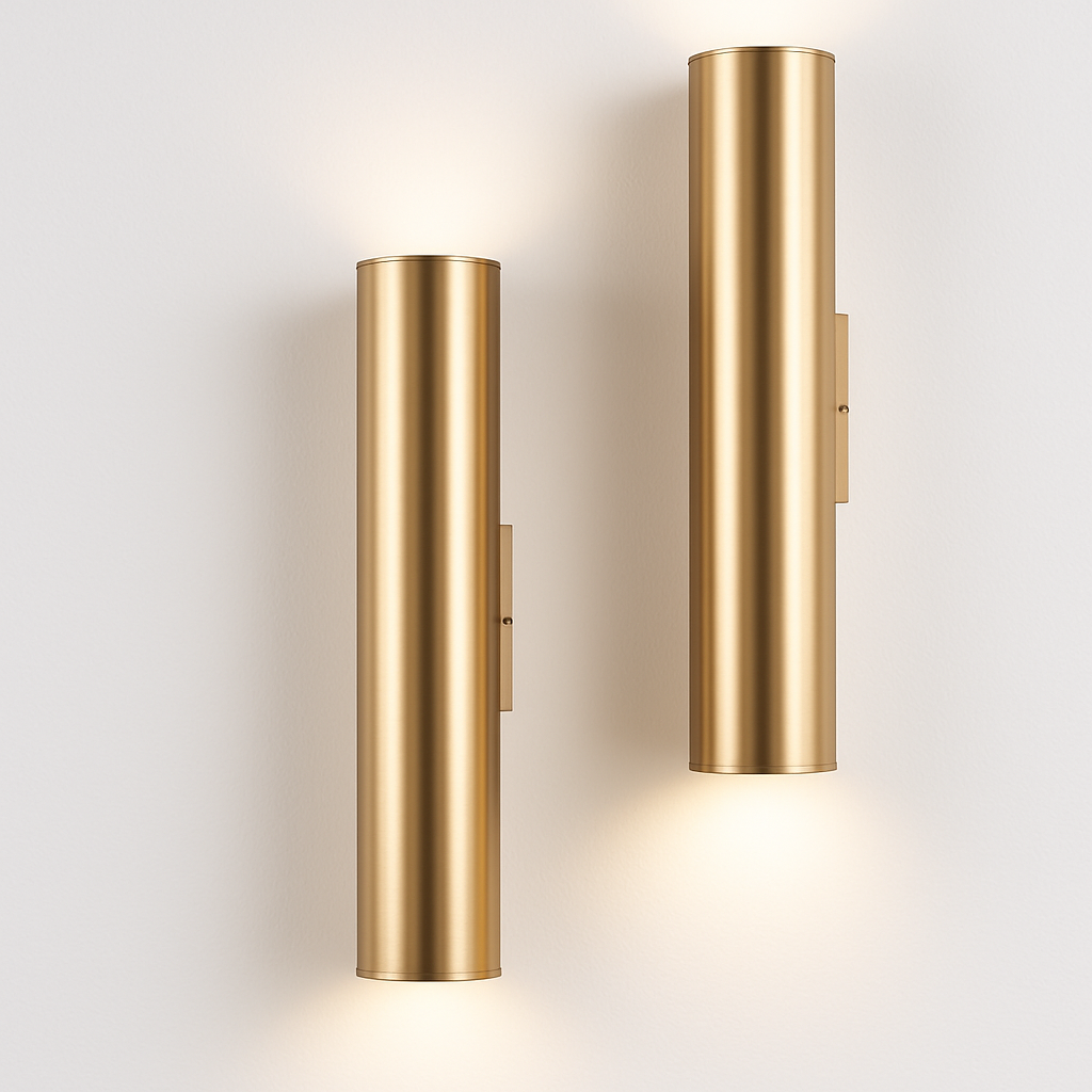 Two gold tube sconces in different lengths lit side by side