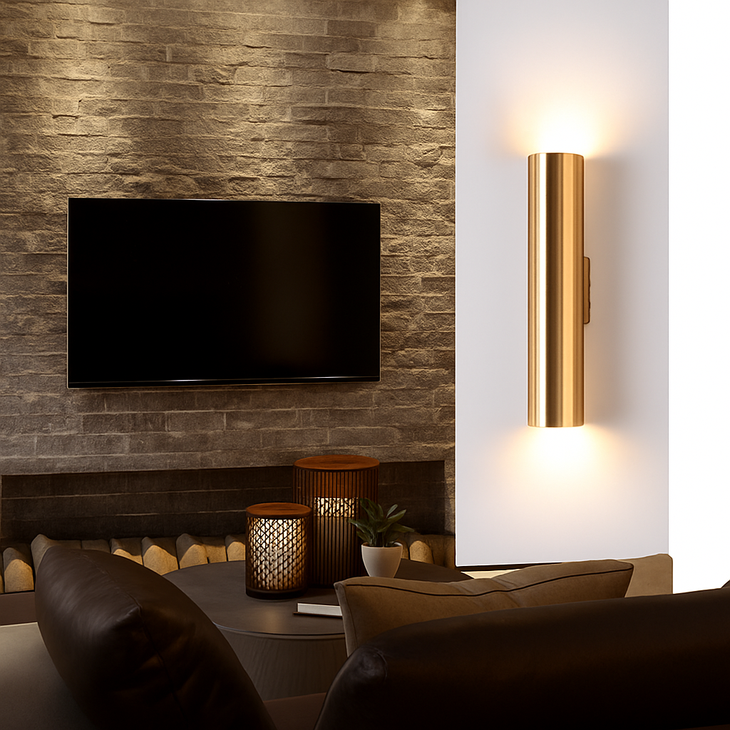 Gold tube sconce lit on a white wall beside a mounted screen