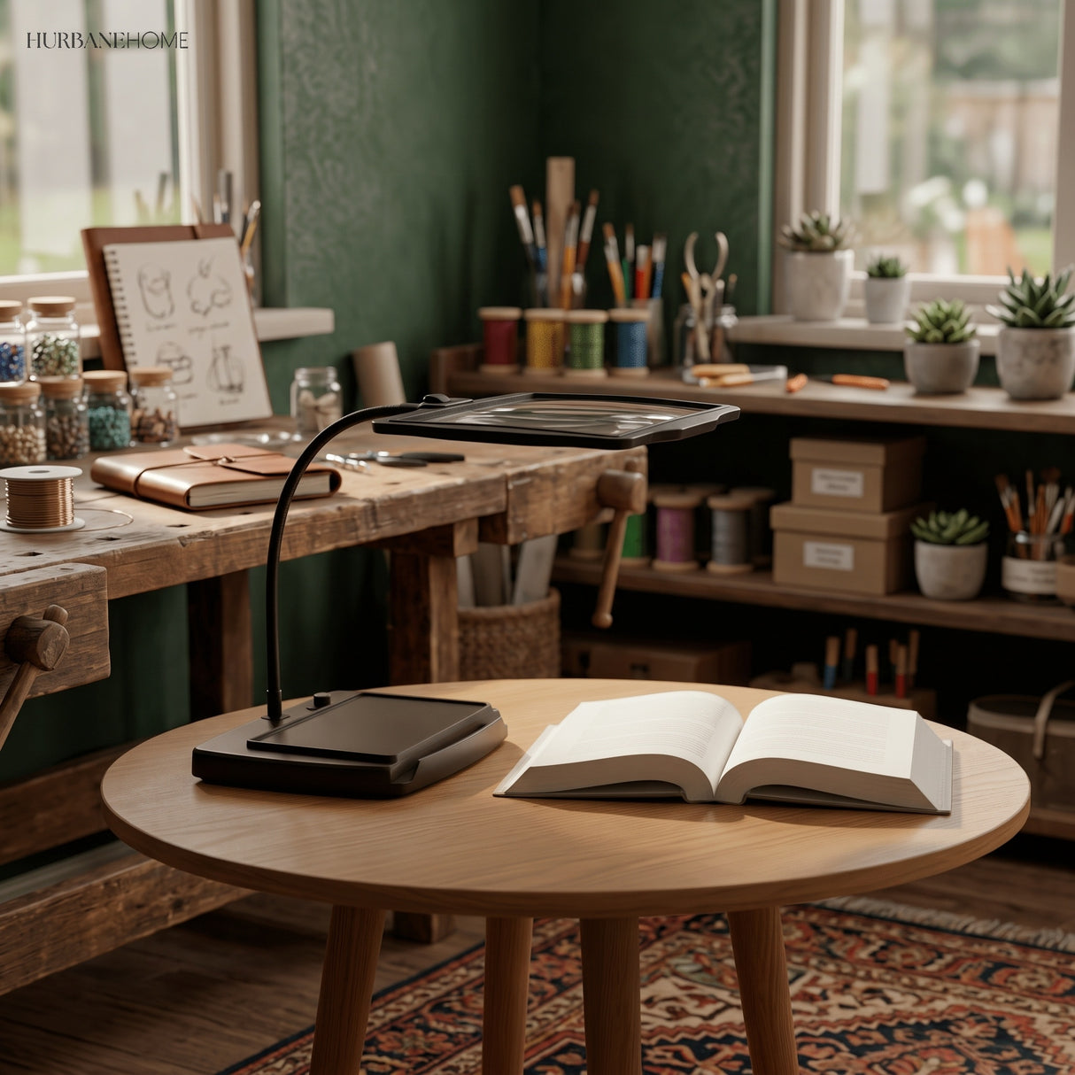 Gooseneck magnifying lamp beside an open book on a round wooden table
