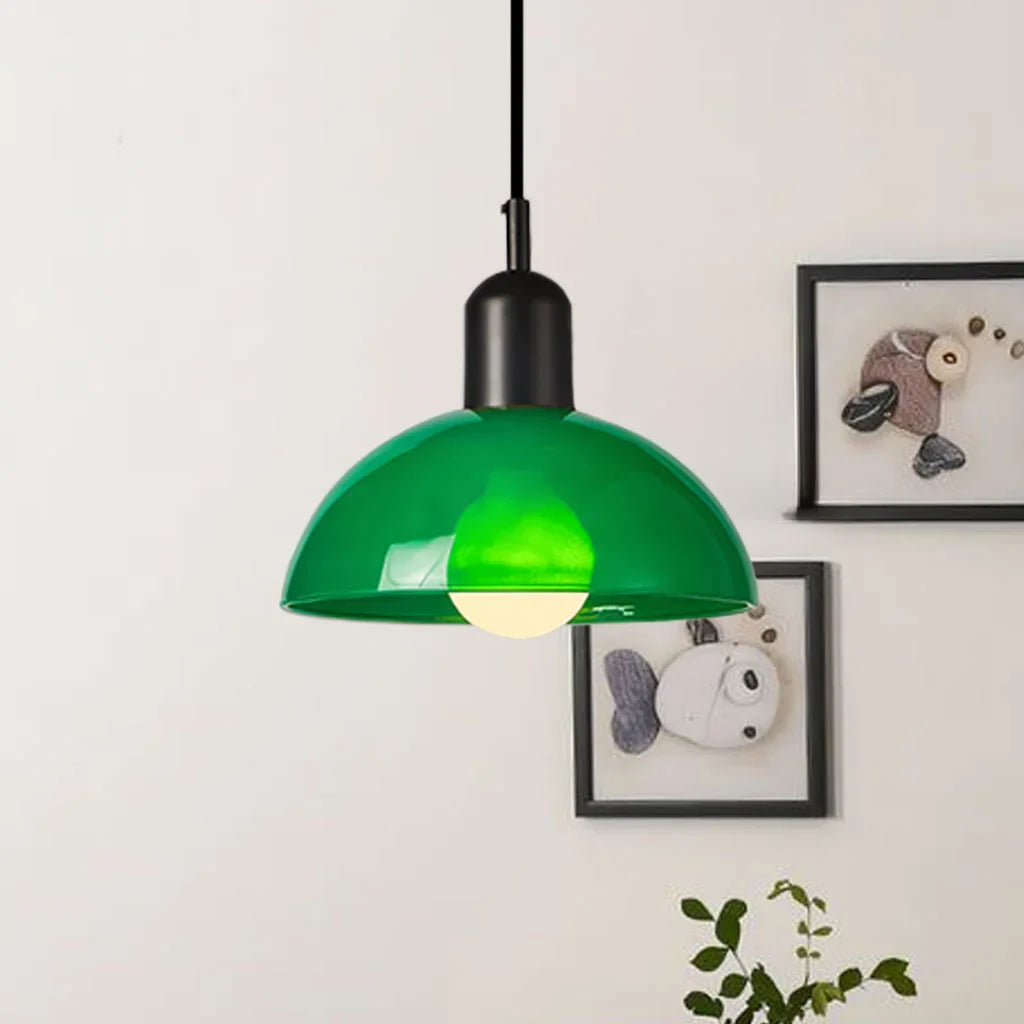 Green shade bowl pendant light with a coloured metal cap swatch