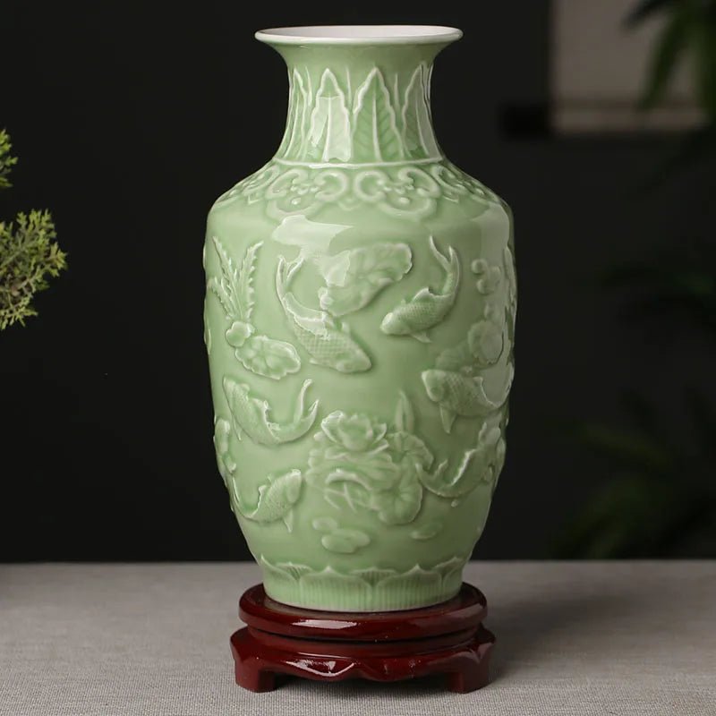 Green Ceramic Vase - Hand Painted Zen Tabletop Flower Arrangement - Hurbane Home