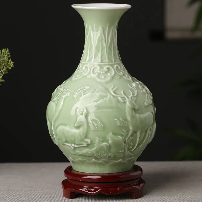 Green Ceramic Vase - Hand Painted Zen Tabletop Flower Arrangement - Hurbane Home