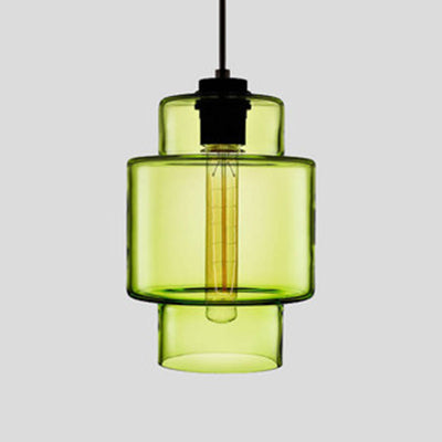 Green stepped glass pendant with a wide upper band, shown lit
