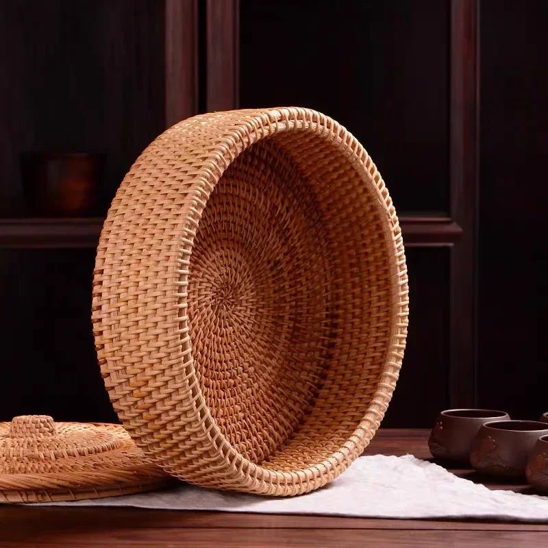 Hand Woven Wicker Baskets - Large Round Storage Solution with Lid, Decorative Hamper - Wooven Storage Baskets - Hurbane Home