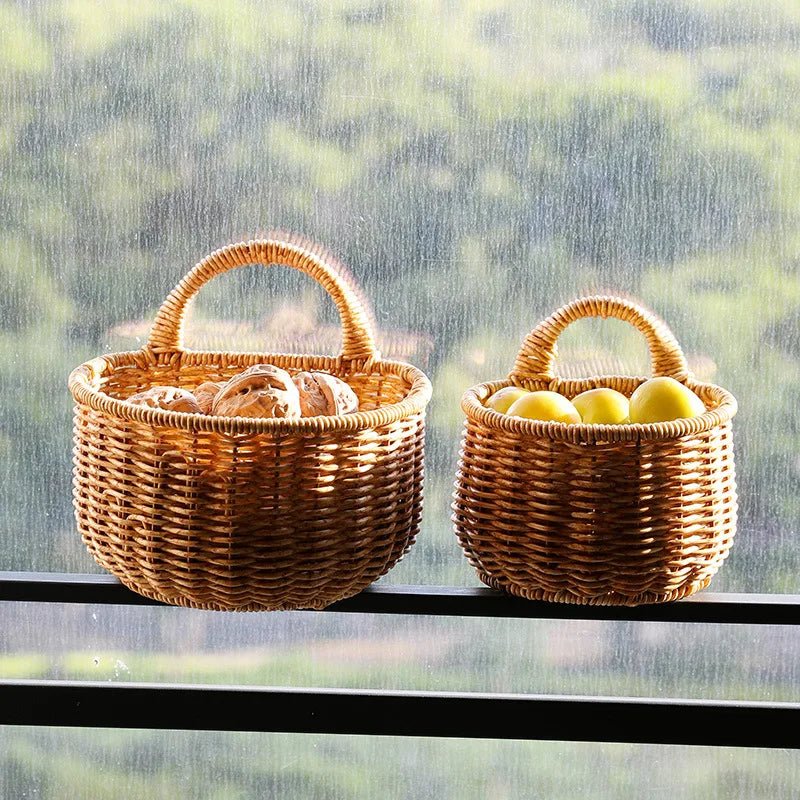 Hanging Food Baskets - Space - Saving Wall - Mounted Woven Storage for Kitchen Essentials - Wooven Storage Baskets - Hurbane Home