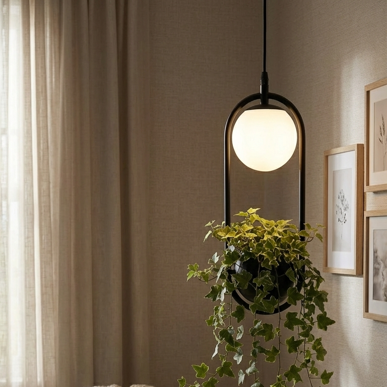 Planter pendant lit in a reading corner beside a cushioned chair