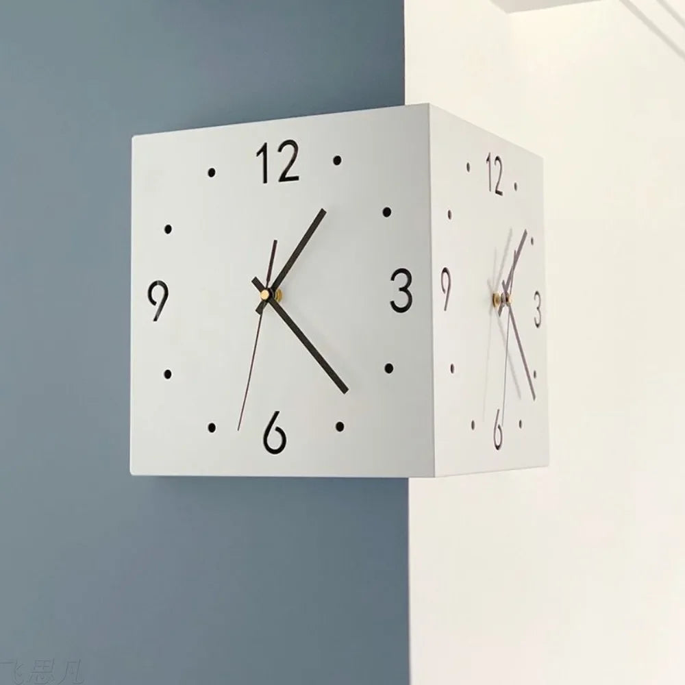 double sided corner wall clock mounted in modern living room
