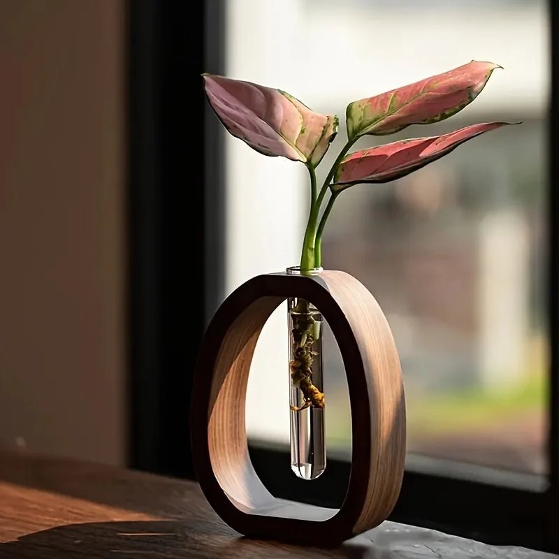 Hydroponic Vase – Walnut Solid Wood Mini Glass Decorative Planter - Hurbane Home