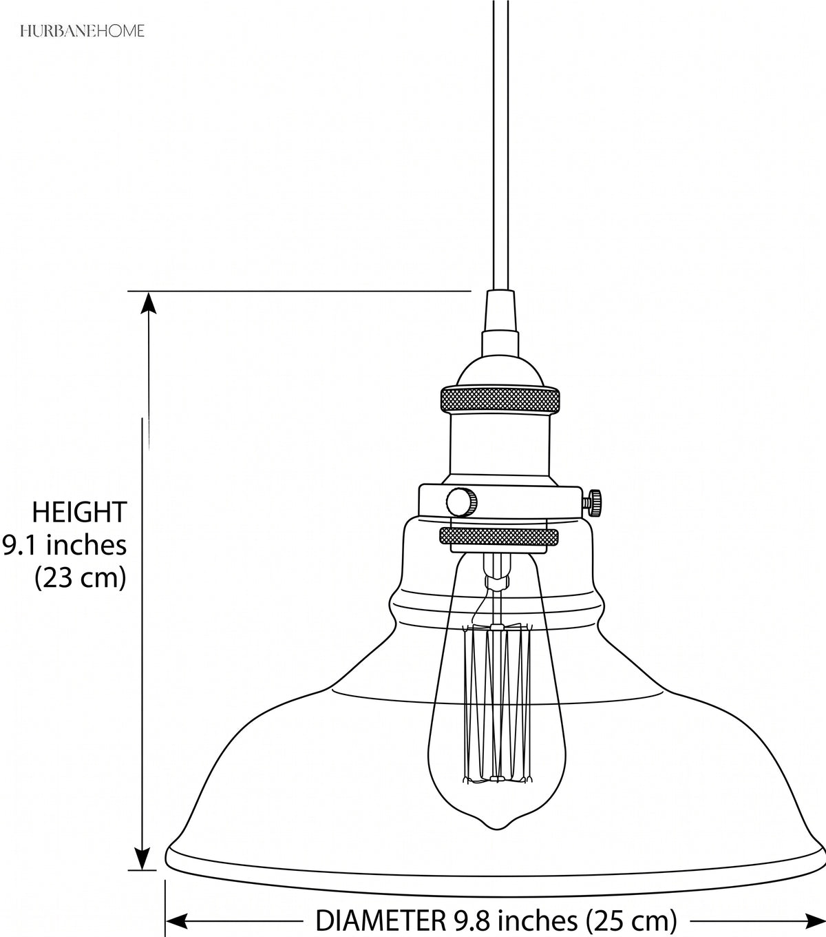 Dimension diagram of the dome shade, 9.8 inch diameter and 9.1 inch height