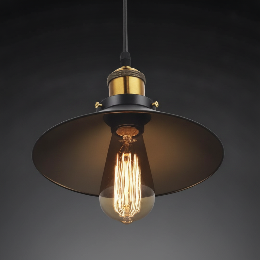 Black cone pendant with a brass cap lit against a dark grey wall