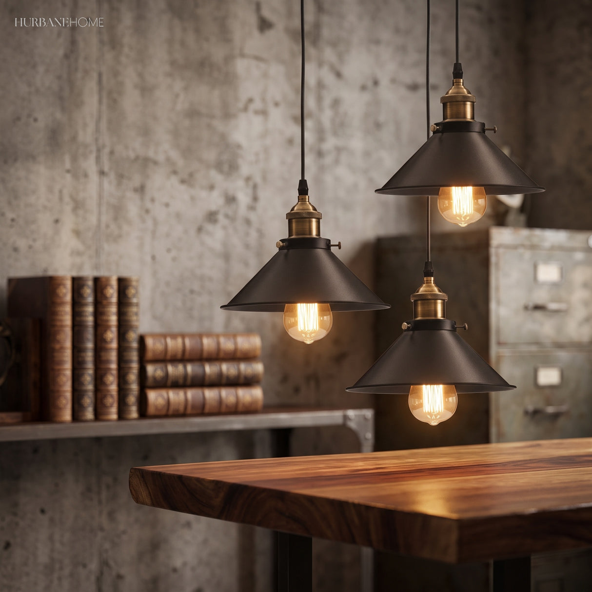 Three black cone pendants hung at staggered heights over a desk