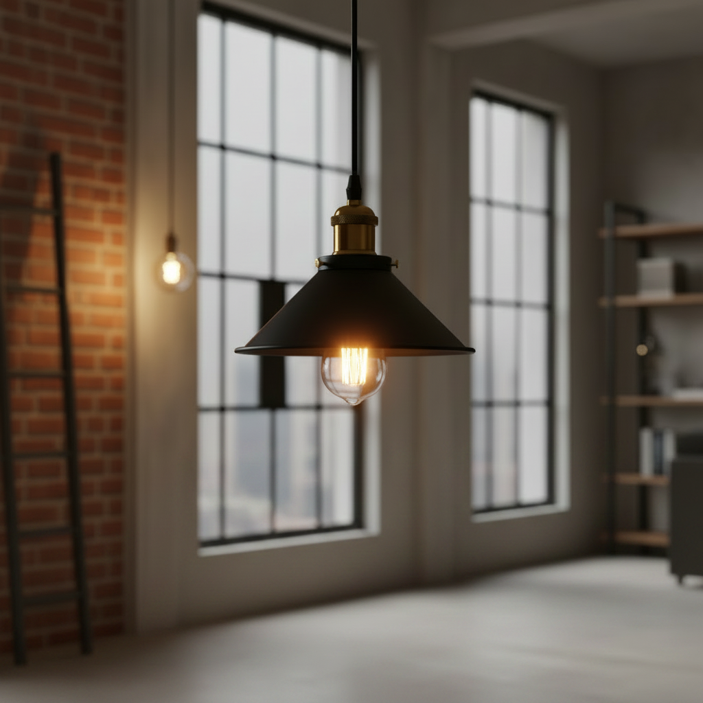 Industrial Cone Pendant Light in Black with a Gold Cap