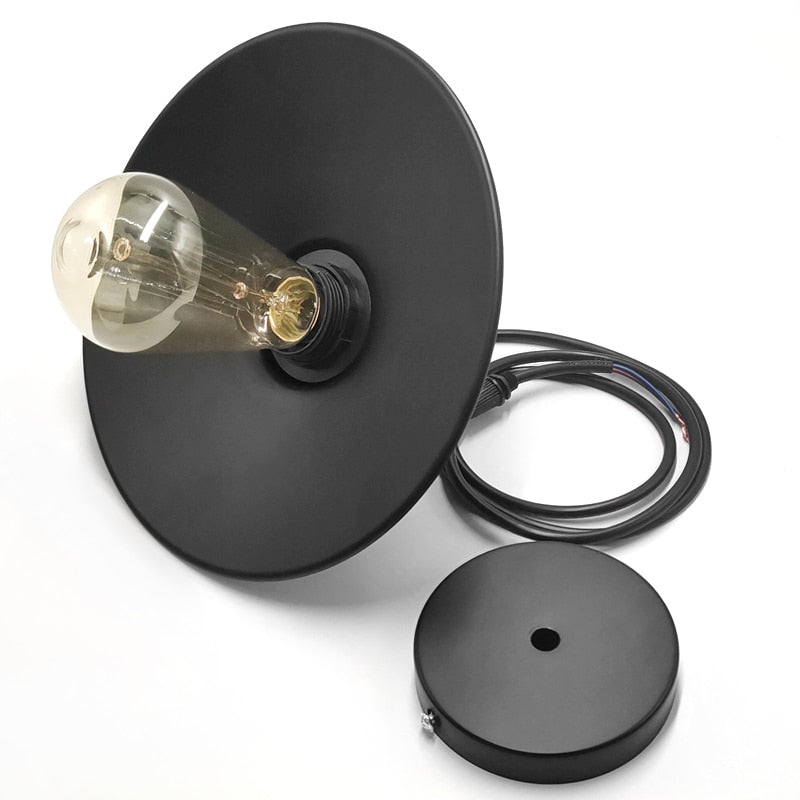 Black cone shade shown flat with the ceiling rose cord and socket