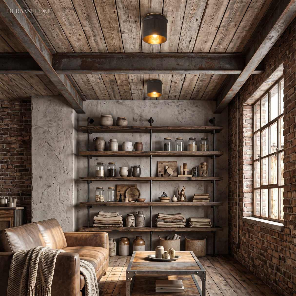 Ribbed metal ceiling lights on a beamed ceiling above a leather sofa