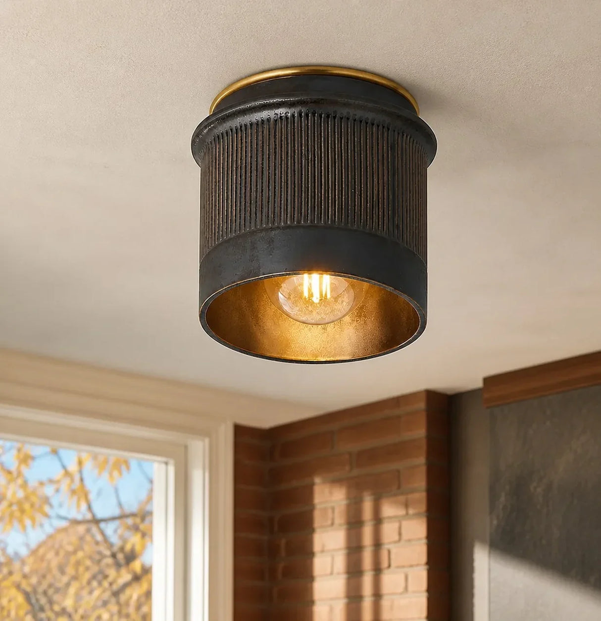 Industrial ribbed metal flush mount ceiling light alternative angle view 1