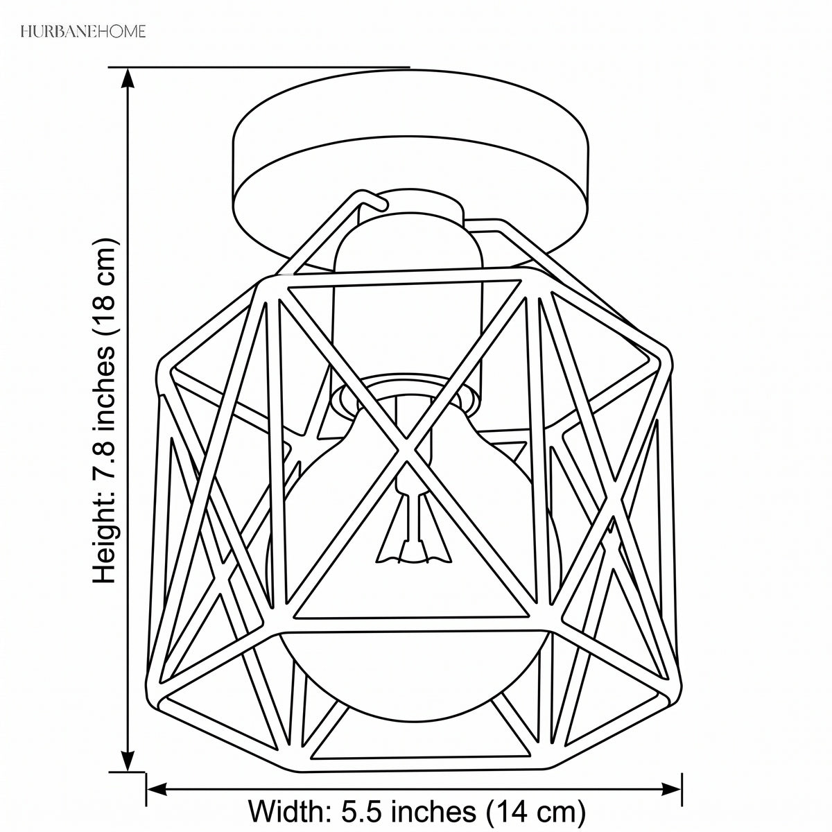 Line drawing showing 7.8 in height and 5.5 in width of the cage