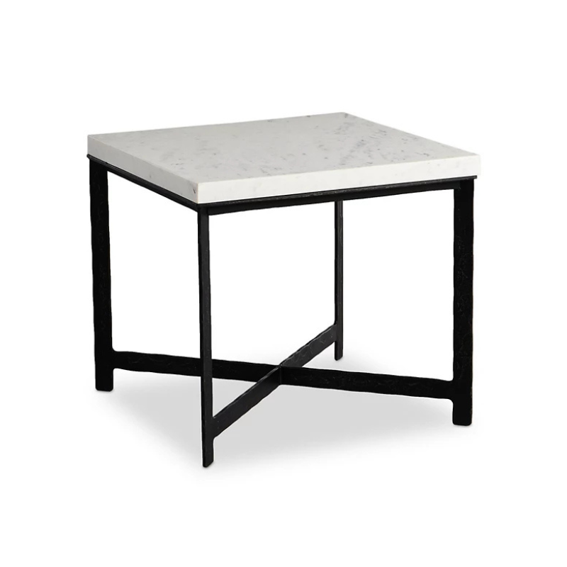 Iron corner table with hammered X-base and white marble top