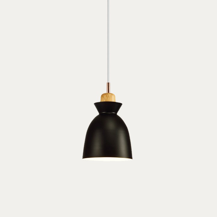 Grey dome pendant light shade with wood accent on a neutral backdrop