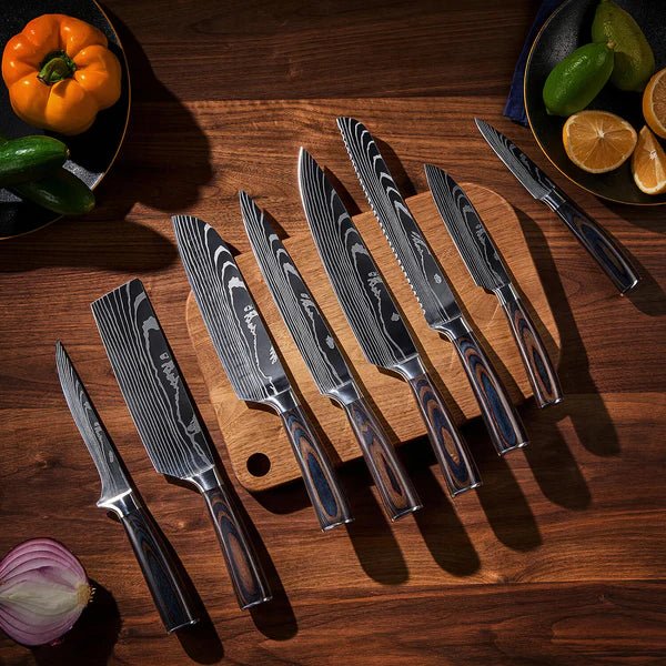 Japanese Knife Set – Damascus Pattern 8 - Piece Stainless Steel Kitchen Collection - Japanese Knife Set - Hurbane Home