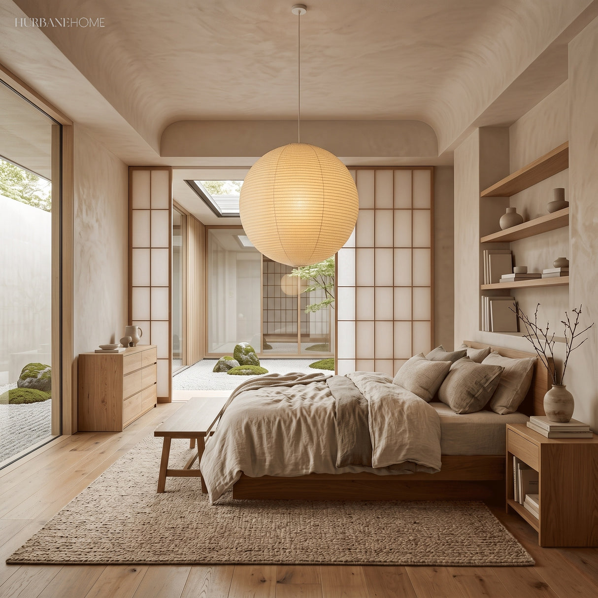 Washi paper globe pendant lighting a bedroom with shoji screen doors