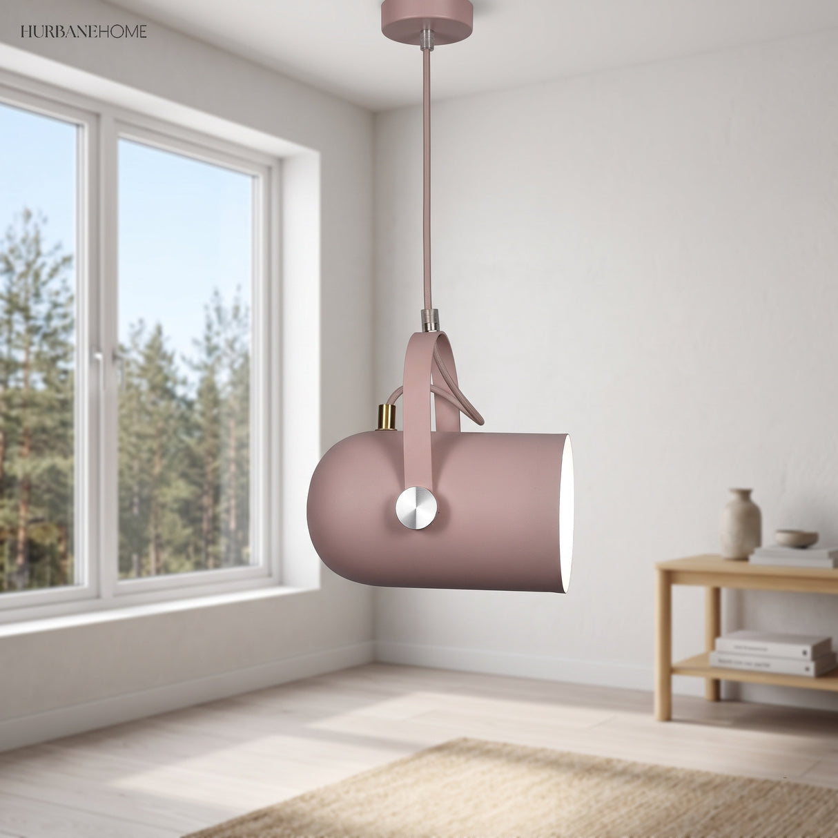 Pink spot pendant tilted above a wooden bench by a bright window