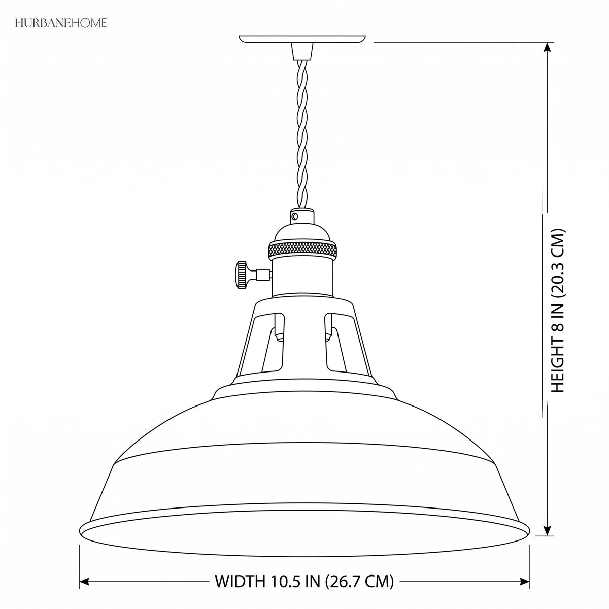 Dimension drawing of the pendant, width 10.5 in and height 8 in