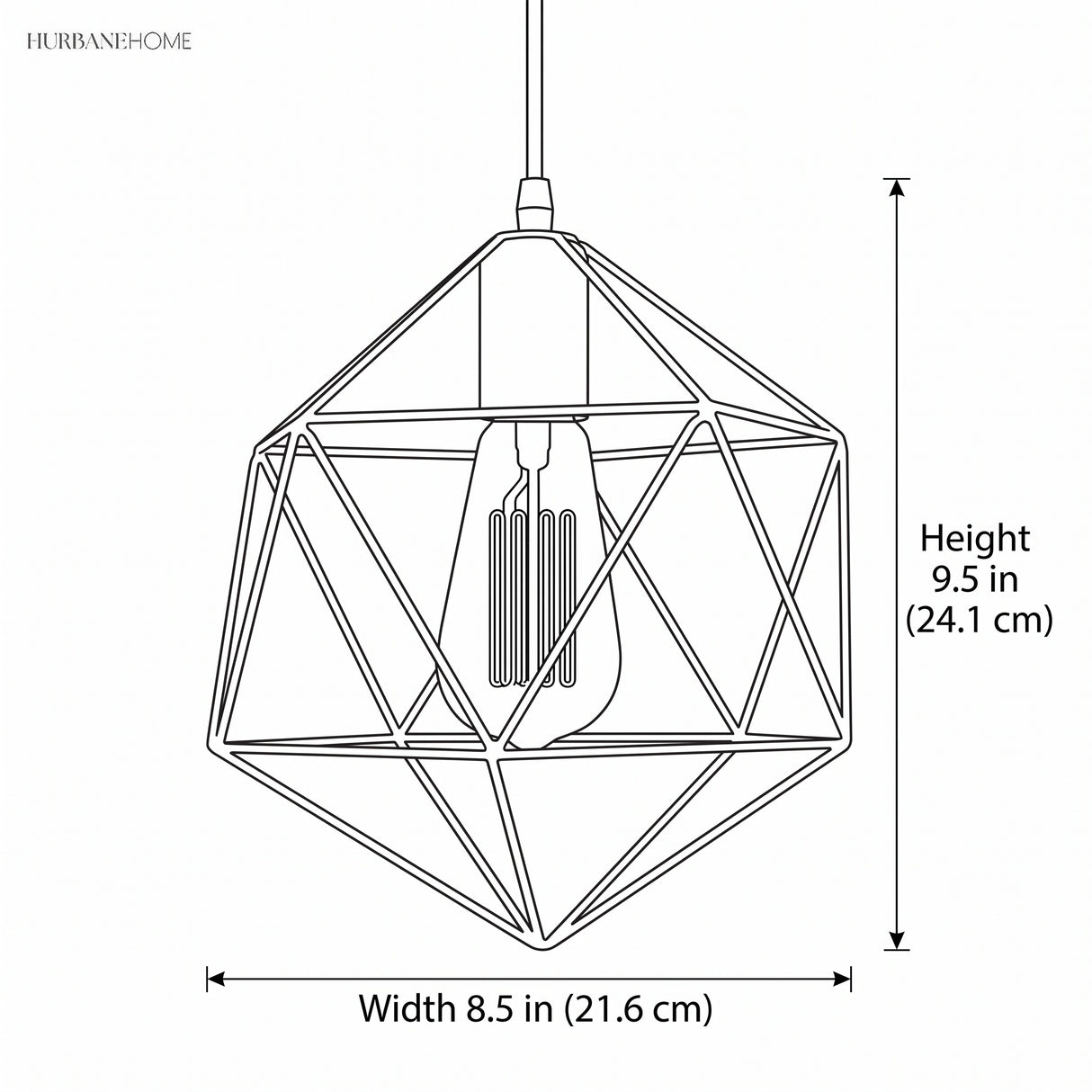 Line drawing of the pendant with width 8.5 in and height 9.5 in marked
