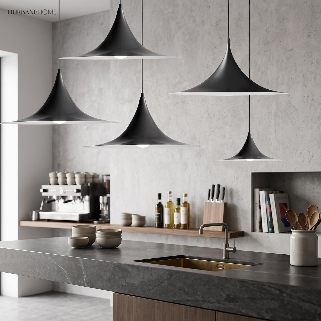 Two black flared pendants over a cafe counter and coffee machine