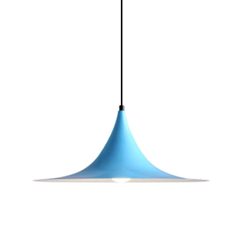 Blue flared metal pendant shade on a cord, shown against white