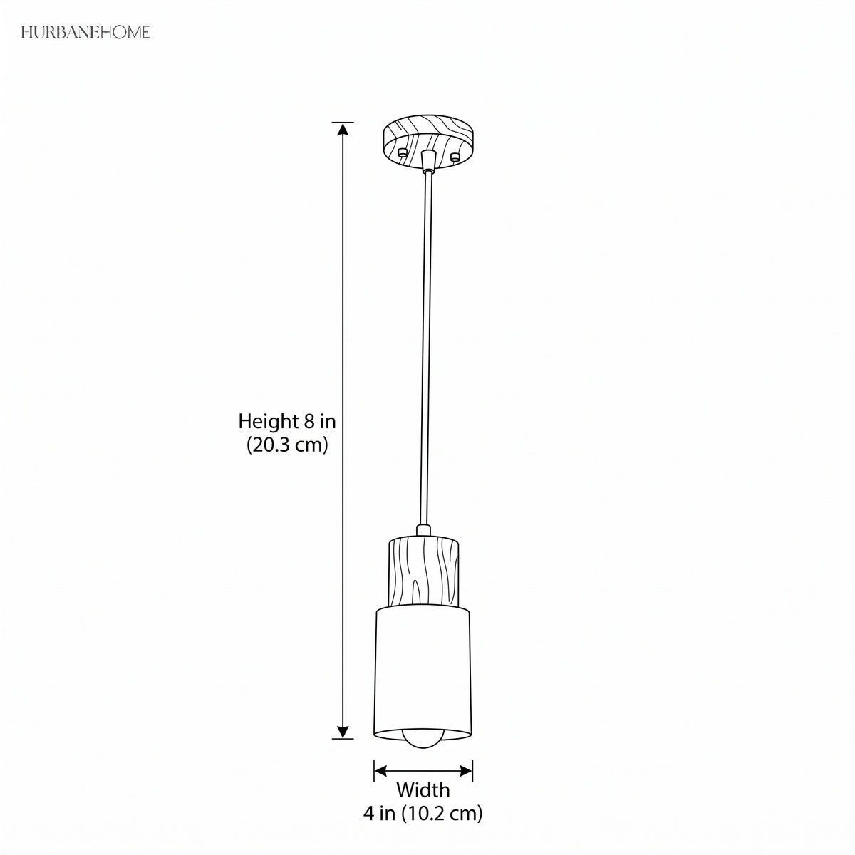 Dimension drawing showing pendant height 8 in and width 4 in