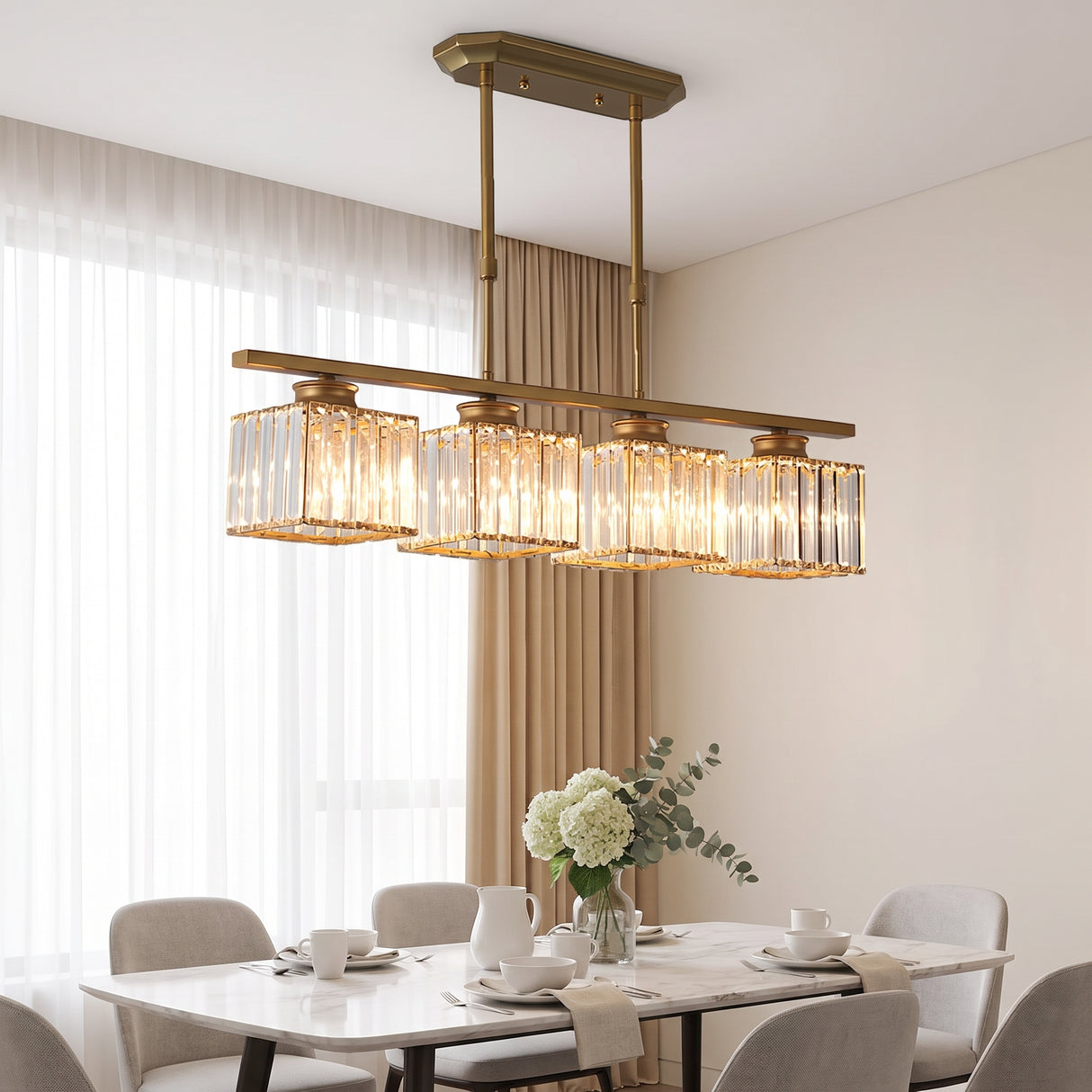 Minimalist Metal and Glass Pendant Chandelier - dining room setting