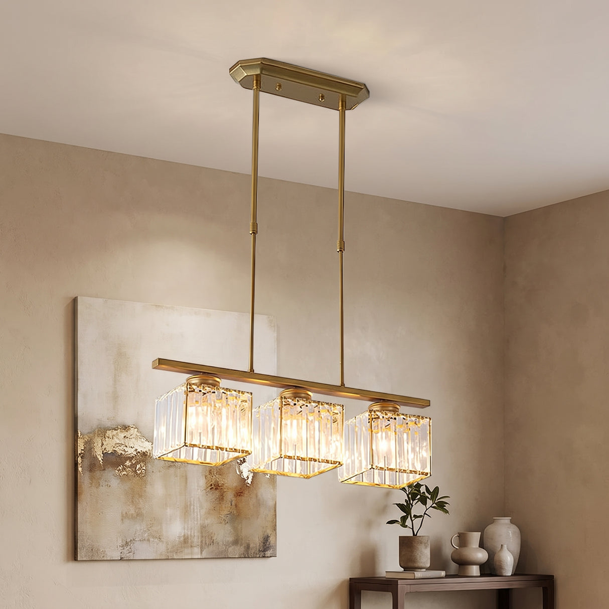 Minimalist Metal and Glass Pendant Chandelier - dark wood beam setting