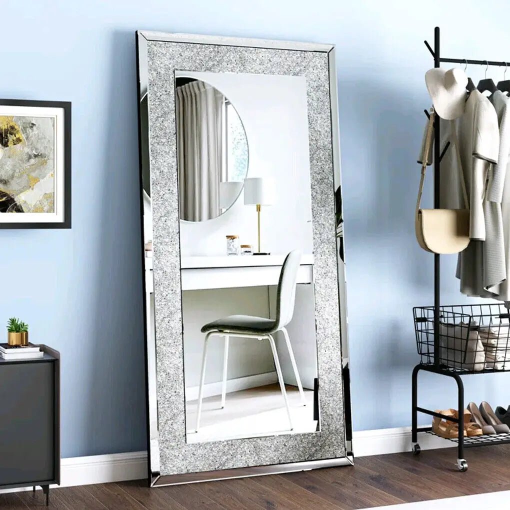 Large Silver Crystal Rhinestone Frameless Vanity Wall Mirror 48x24 - Hurbane Home
