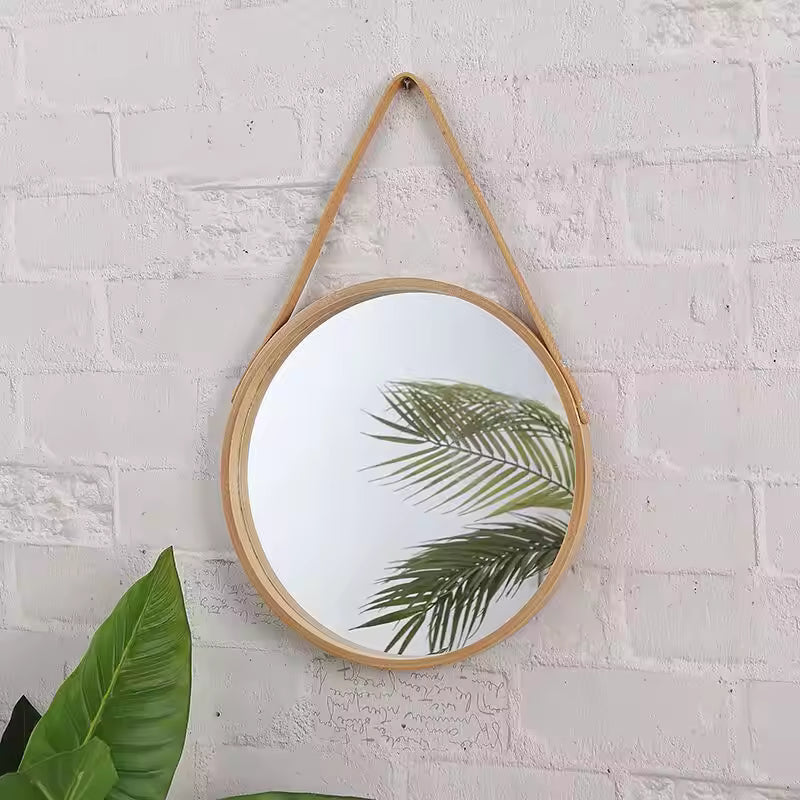 30cm large round bathroom mirror in natural wood color