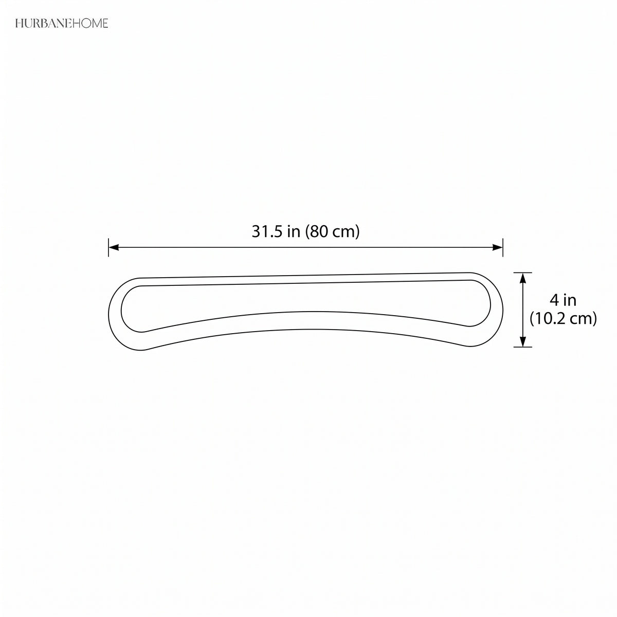 Line drawing of the curved bar, 31.5 in long and 4 in high