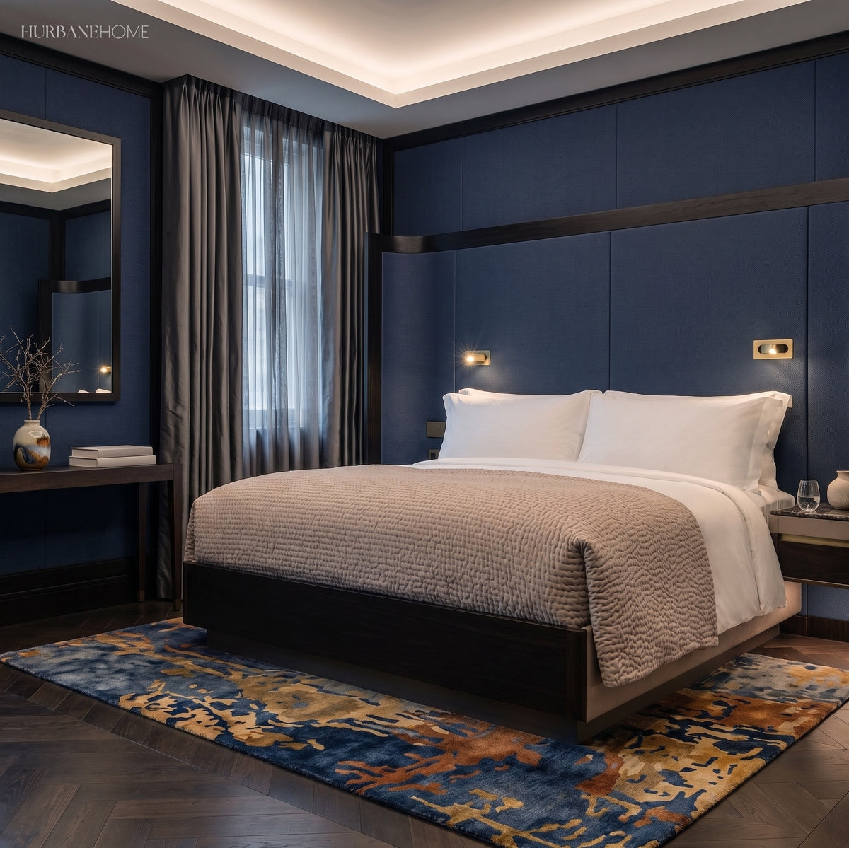 Bedside reading sconces in a navy panelled hotel style bedroom