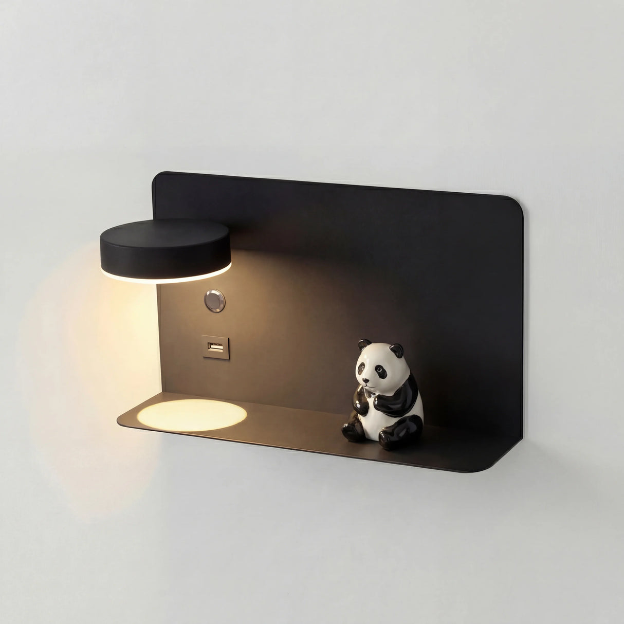 Black rotating LED wall lamp with USB port and phone shelf