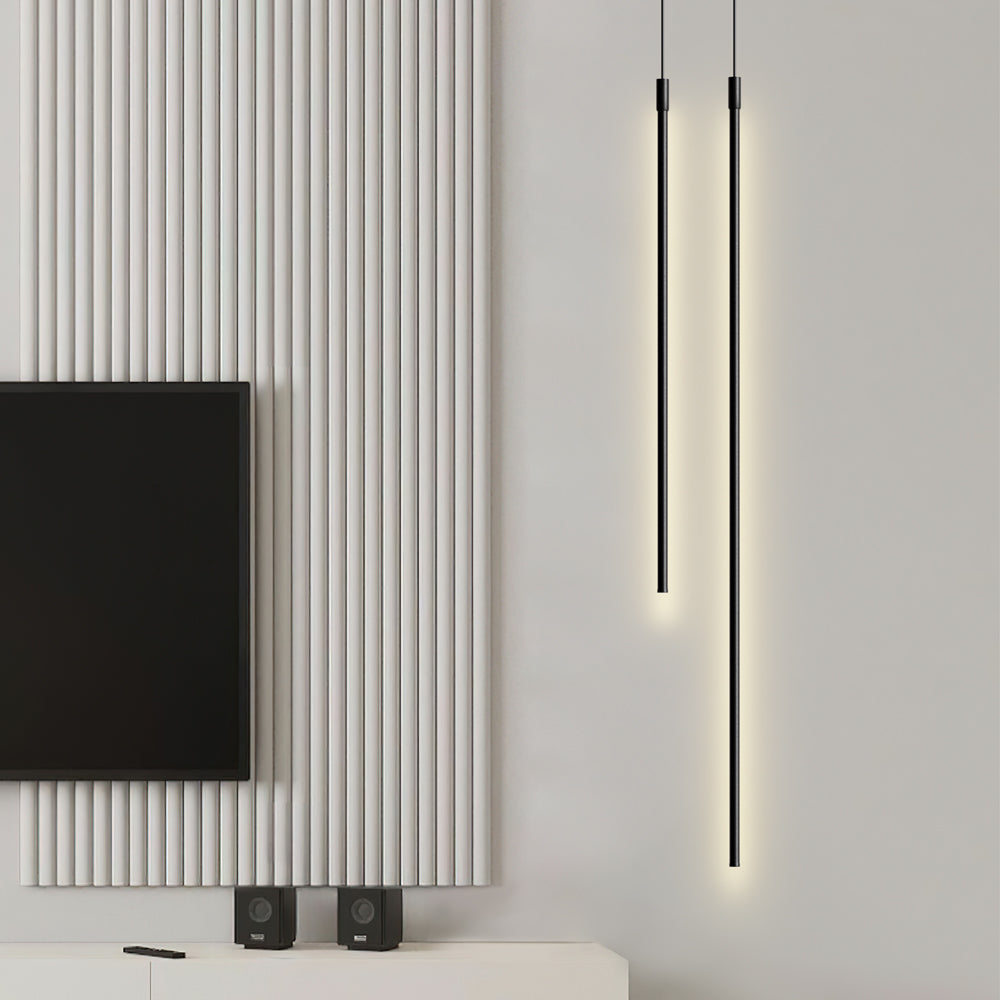LED tube pendant light glowing in a living room