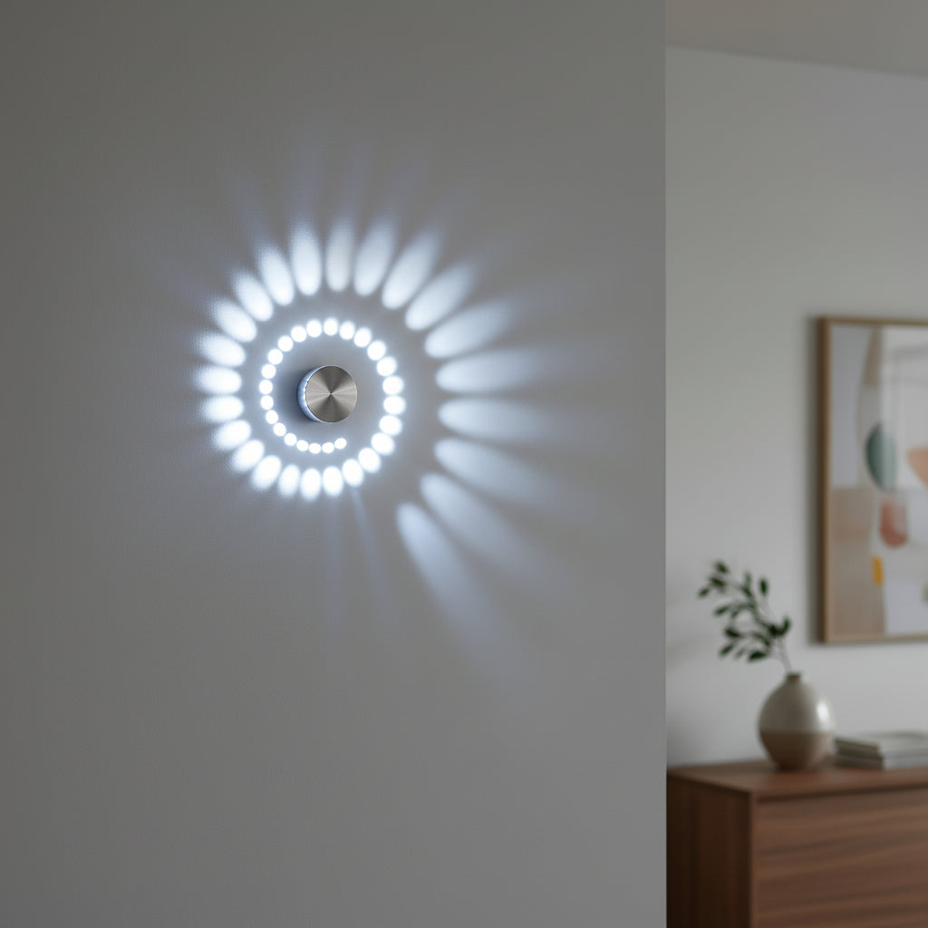 Close view of a cool white spiral pattern thrown across a wall