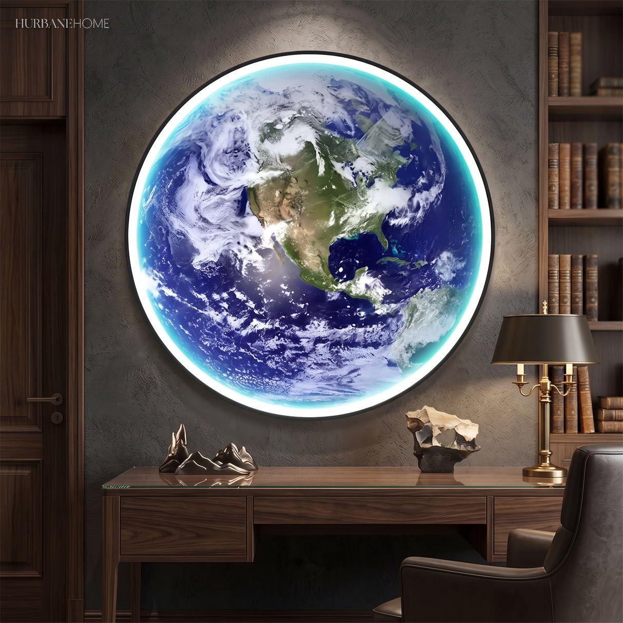 Illuminated Earth globe sconce glowing on a deep blue study wall