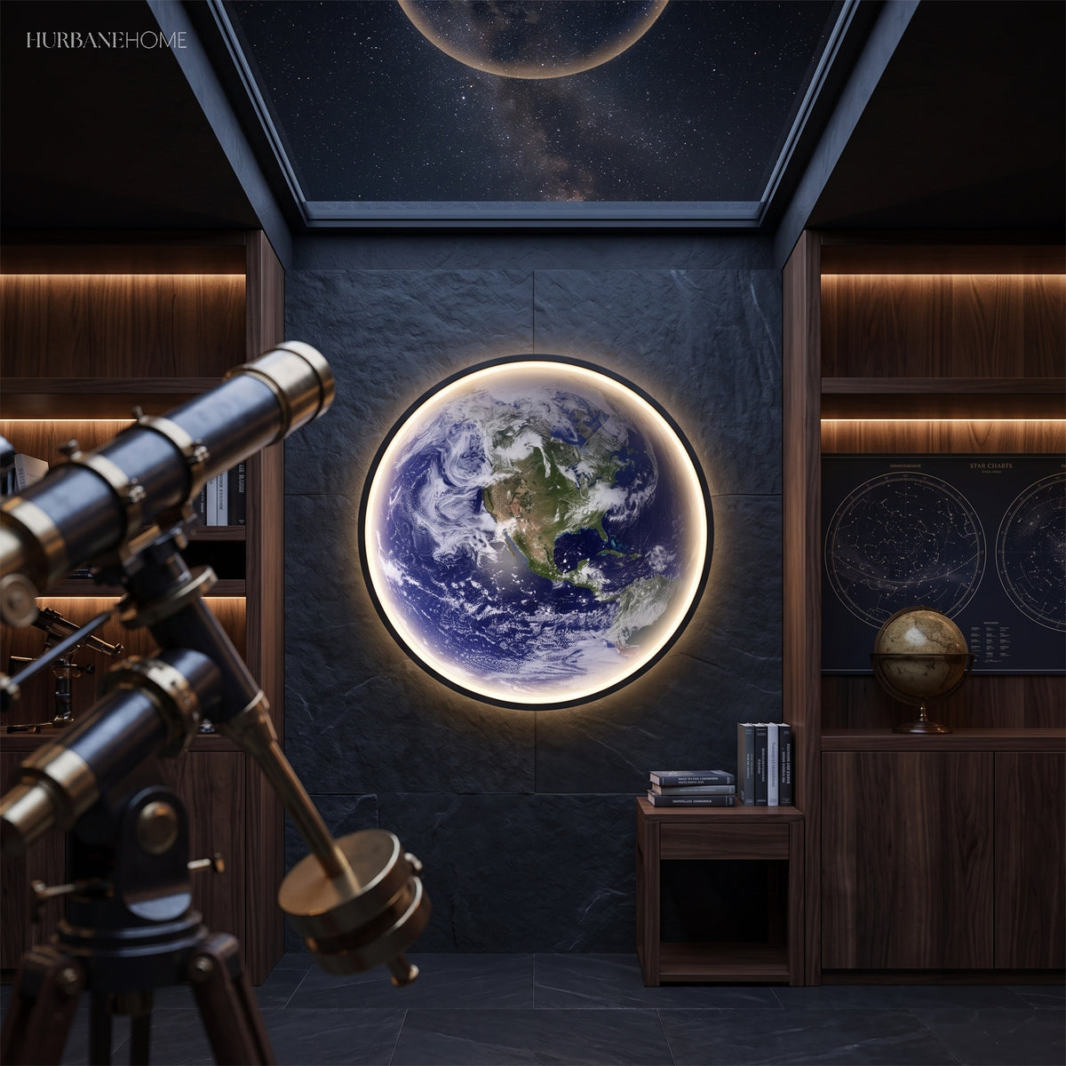Backlit Earth wall light above a desk beside a brass lamp