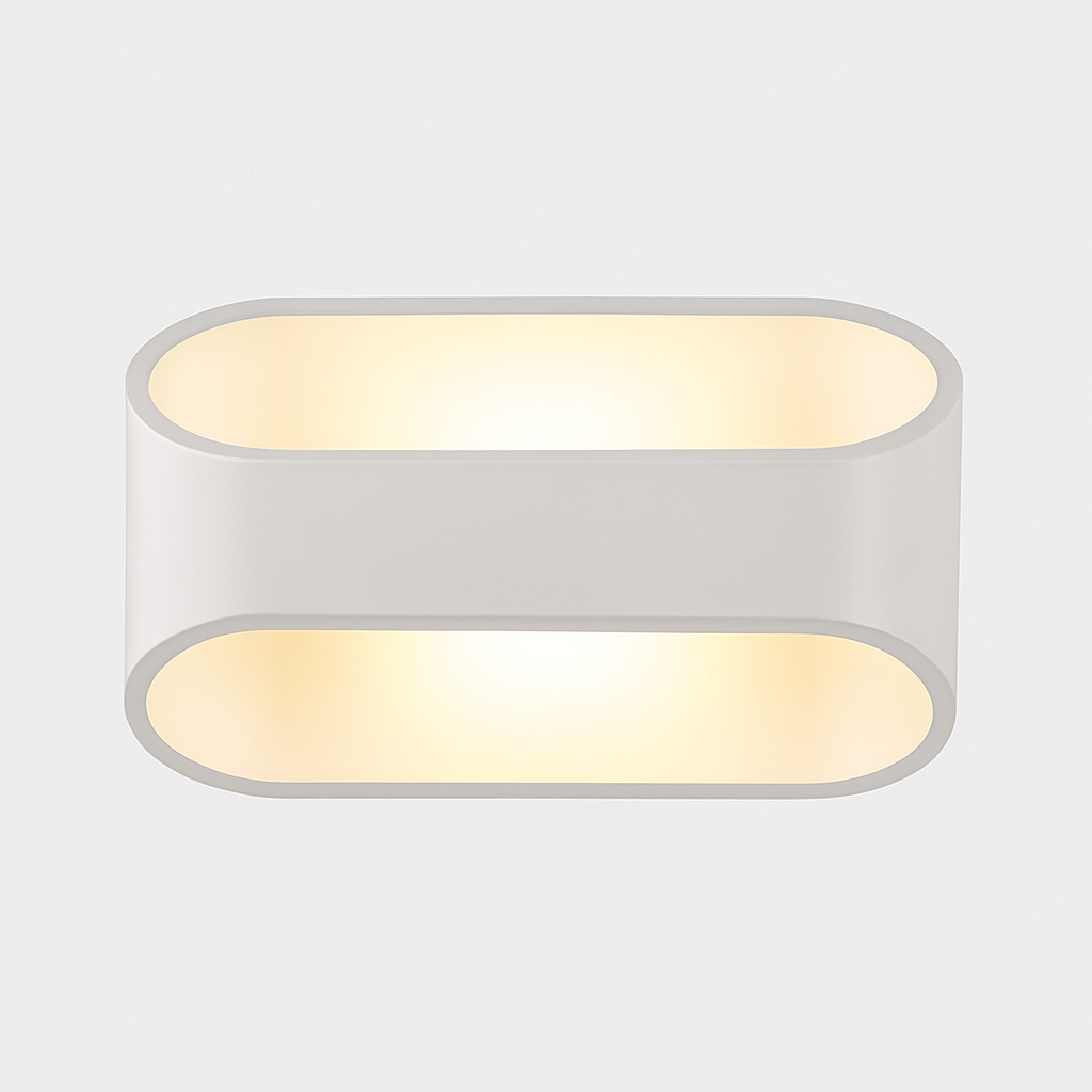 White oval sconce seen from the front with both bands lit