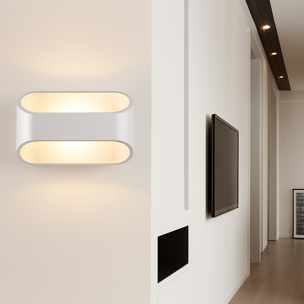 White oval sconce lit in a hallway beside a mounted screen