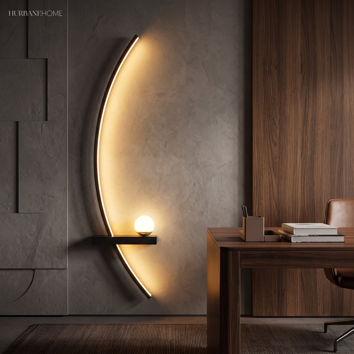Black minimalist crescent LED sconce lighting a warm walnut home office wall
