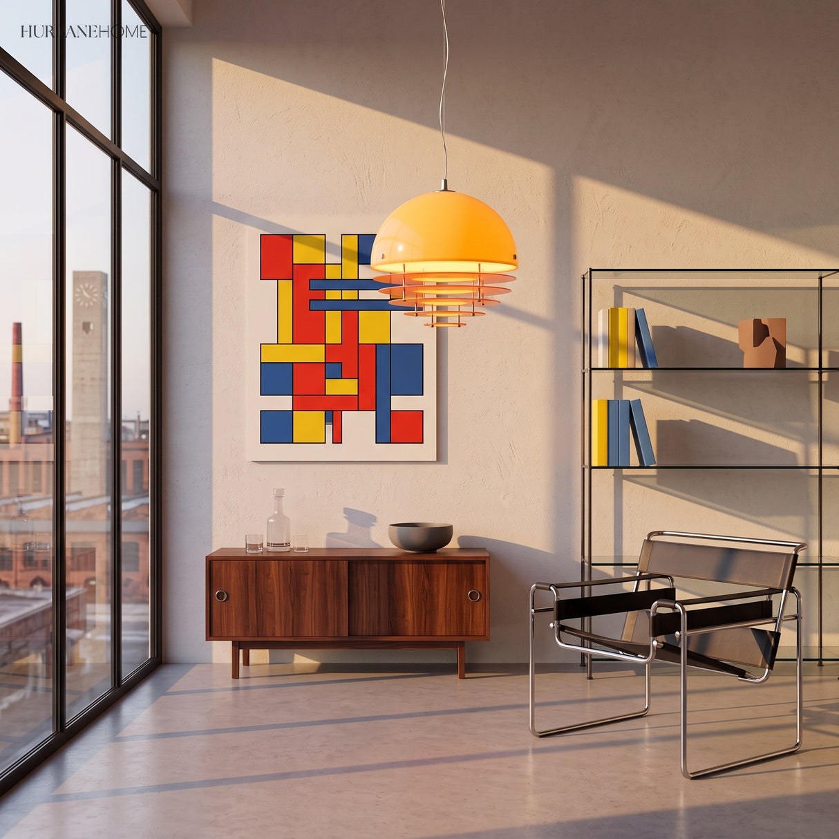 Orange dome pendant beside a bright geometric artwork in a sunlit modern living space