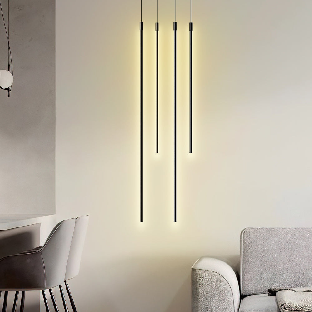 Linear tube pendant light detail showing slim black body