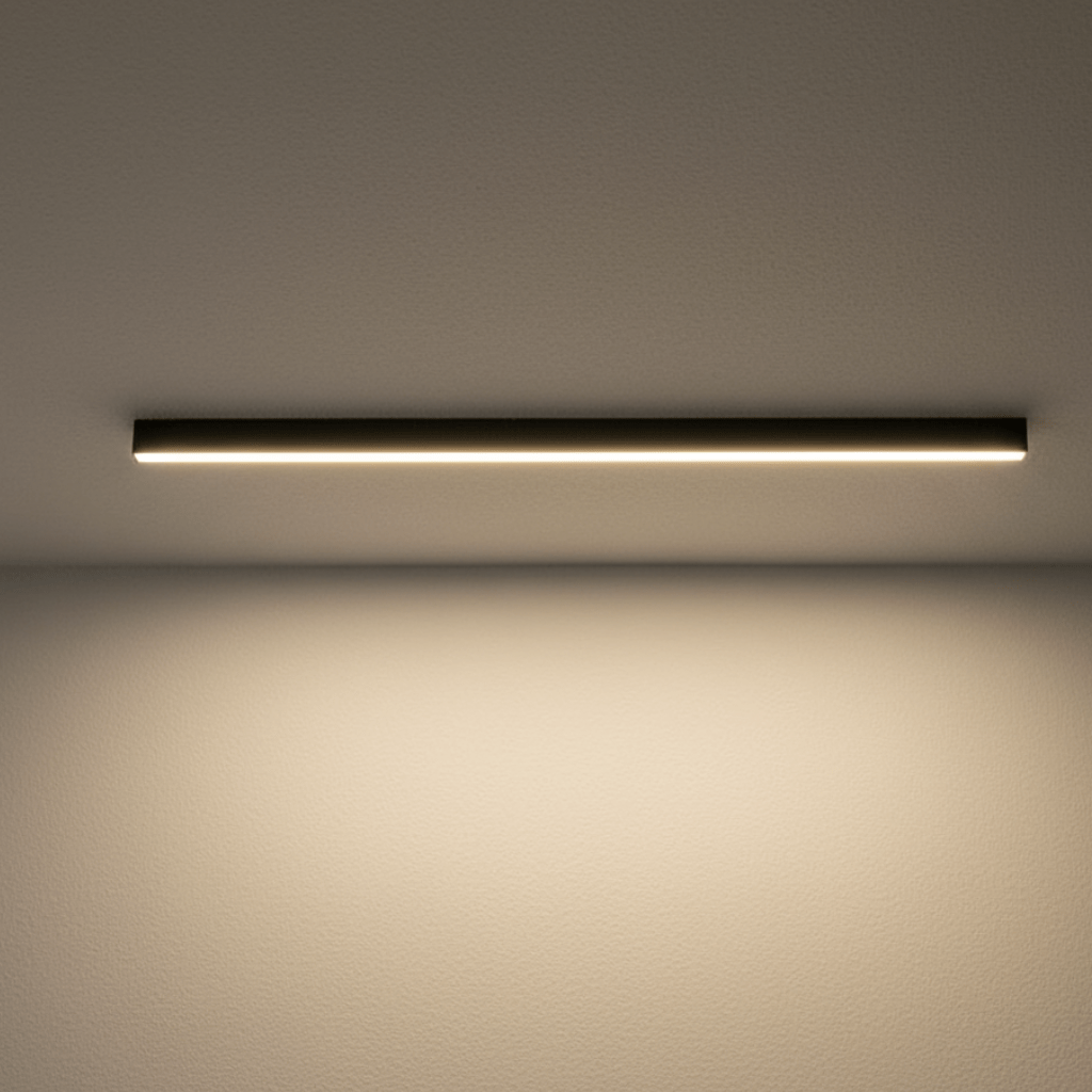 Black linear LED ceiling bar shown lit against a plain white ceiling