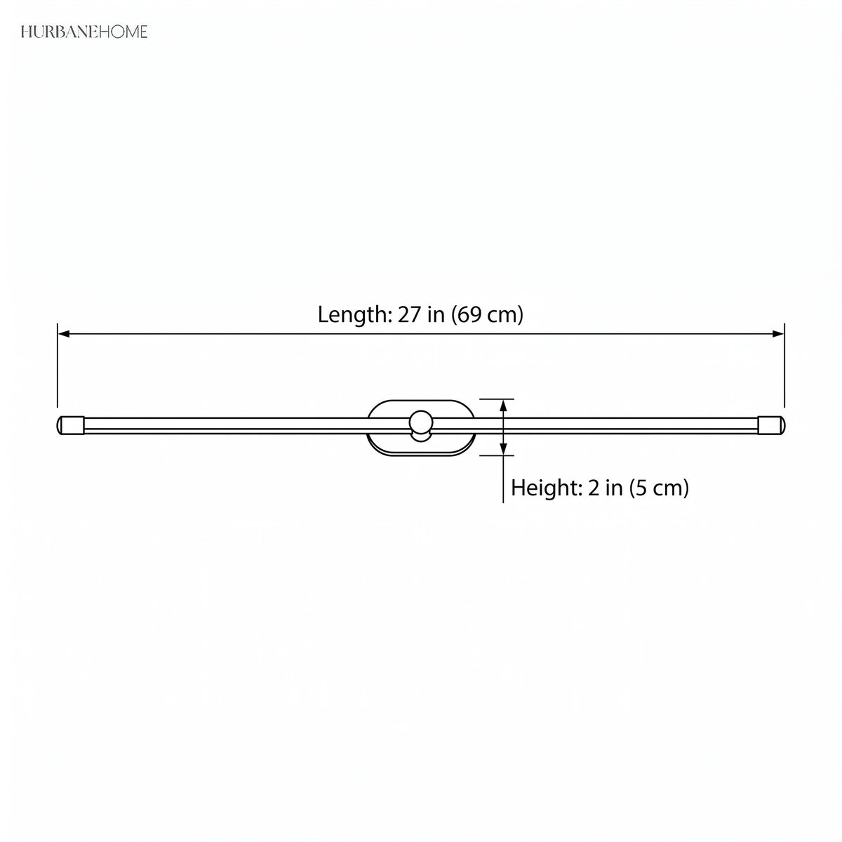 Diagram showing linear sconce length 27 inches and height 2 inches