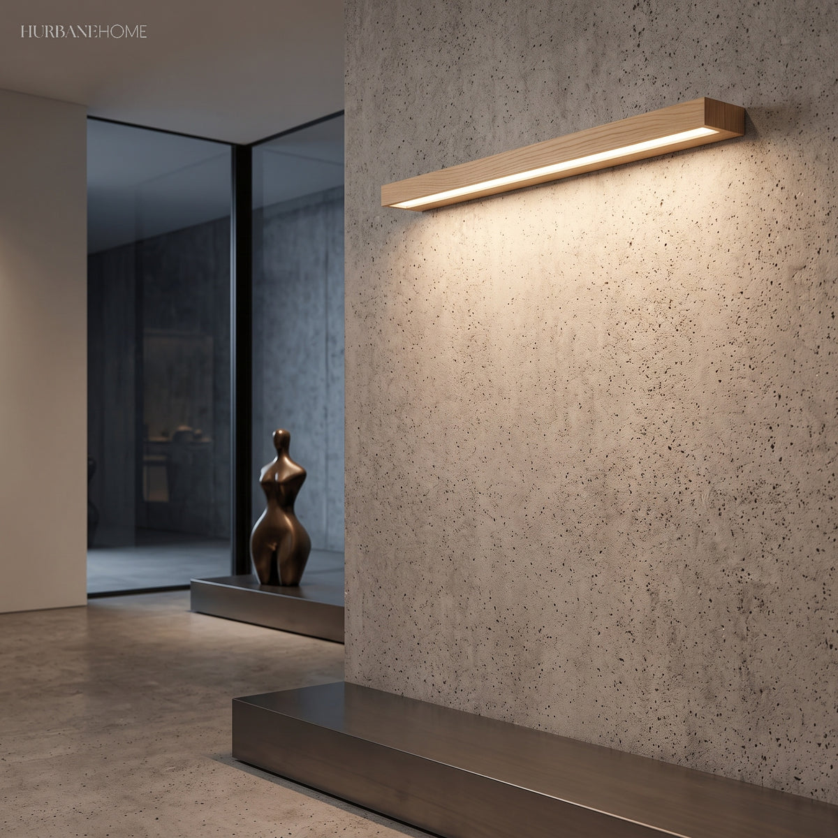 Linear LED wood wall sconce in pine alternative angle view 1