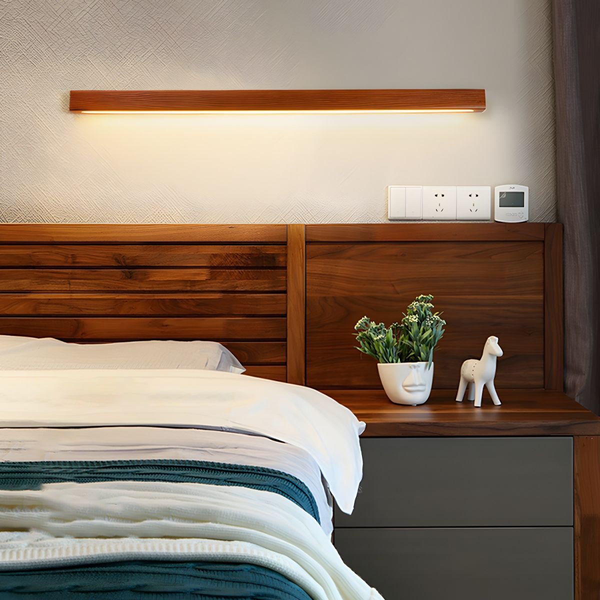 Linear LED wood wall sconce in pine alternative angle view 31
